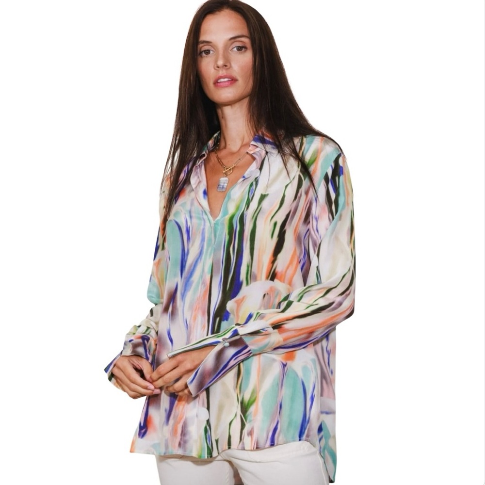 CATHERINE GEE Daria French Cuff Silk Blouse Abstract‎ Orchid Artsy Luxury Staple